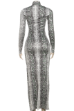 Sexy Snakeskin Print Hollow Out O Neck Long Dresses