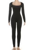 Sexy Solid Color Cross Straps Square Neck Skinny Jumpsuits