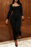 Sexy Solid Color Cross Straps Square Neck Skinny Jumpsuits