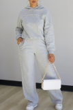 Casual Solid Color Pearls Decor O Neck Long Sleeve Two Pieces