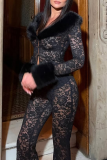 Sexy Solid Color Lace Turndown Collar Long Sleeve Two Pieces