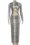 Sexy Snakeskin Print Hollow Out O Neck Long Dresses