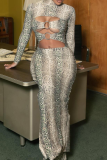 Sexy Snakeskin Print Hollow Out O Neck Long Dresses