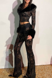 Sexy Solid Color Lace Turndown Collar Long Sleeve Two Pieces