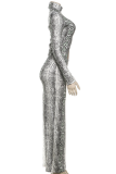 Sexy Snakeskin Print Hollow Out O Neck Long Dresses