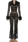 Sexy Solid Color Lace Turndown Collar Long Sleeve Two Pieces
