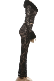 Sexy Solid Color Lace Turndown Collar Long Sleeve Two Pieces