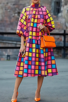 Casual Colorblock Contrast Turtleneck Printed Plus Size Dresses