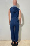 Casual Solid Color Zipper Hooded Sleeveless Bodycon Denim Jumpsuits