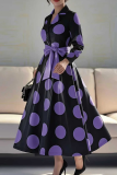 Elegant Print Strap Design Contrast Turndown Collar Long Dresses