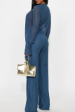 Casual Solid Color Strap Design Deep V Neck Long Sleeve Two Pieces
