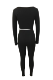 Casual Solid Color Patchwork V Neck Long Sleeve Two Pieces