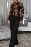 Casual Leopard Print Strap Design O Neck Long Sleeve Two Pieces