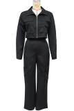Casual Solid Color Pocket Zipper Collar Long Sleeve Two Pieces