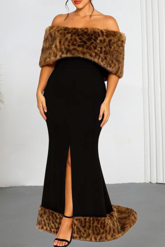 Sexy Leopard Print Slit Off Shoulder Long Dresses