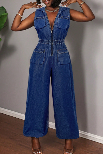 Casual Solid Color Zipper Hooded Sleeveless Bodycon Denim Jumpsuits