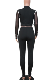 Casual Stripe Contrast Zipper Collar Long Sleeve Two Pieces