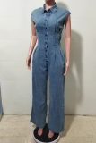 Casual Solid Color Buckle Turndown Collar Sleeveless Bodycon Denim Jumpsuits