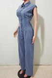 Casual Solid Color Buckle Turndown Collar Sleeveless Bodycon Denim Jumpsuits