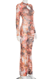 Sexy Print Hollow Out O Neck Skinny Jumpsuits