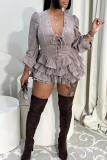 Sexy Solid Color Cross Straps Deep V Neck Cake Skirt Dresses