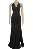 Sexy Solid Color Backless Slit Halter Long Dresses