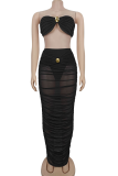 Sexy Solid Color Metal Accessories Trim Strapless Sleeveless Two Pieces