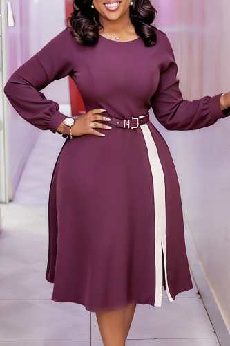 Casual Solid Color With Belt Contrast O Neck Long Dresses