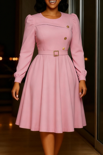 Elegant Solid Color With Belt O Neck A Line Dresses