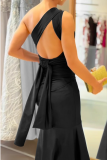 Sexy Solid Color Patchwork Oblique Collar Fishtail Dresses