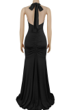 Sexy Solid Color Backless Slit Halter Long Dresses