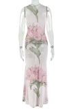 Elegant Print Ruched O Neck Long Dresses