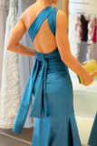 Sexy Solid Color Patchwork Oblique Collar Fishtail Dresses