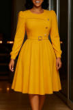 Elegant Solid Color With Belt O Neck A Line Dresses