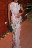 Elegant Print Ruched O Neck Long Dresses