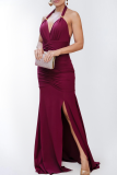 Sexy Solid Color Backless Slit Halter Long Dresses
