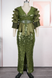 Elegant Solid Color Sequins Slit V Neck Long Plus Size Dresses