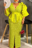 Elegant Solid Color Sequins Slit V Neck Long Plus Size Dresses