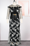 Sexy Print Lace O Neck Long Plus Size Dresses