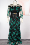 Sexy Print Lace O Neck Long Plus Size Dresses