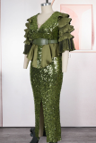 Elegant Solid Color Sequins Slit V Neck Long Plus Size Dresses