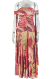 Sexy Print Ruched Strapless Long Dresses