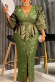Elegant Solid Color Sequins Slit V Neck Long Plus Size Dresses