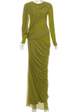Elegant Solid Color Ruched O Neck Long Dresses