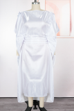 Casual Solid Color Ruched O Neck Long Dresses