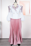 Elegant Print Pleated Turn-back Collar Plus Size Two Pieces