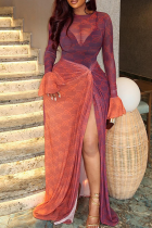 Sexy Print High Slit O Neck Long Dresses