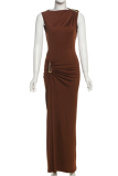 Elegant Solid Color Metal Accessories Trim O Neck Long Dresses