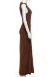 Elegant Solid Color Metal Accessories Trim O Neck Long Dresses