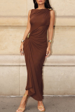 Elegant Solid Color Metal Accessories Trim O Neck Long Dresses